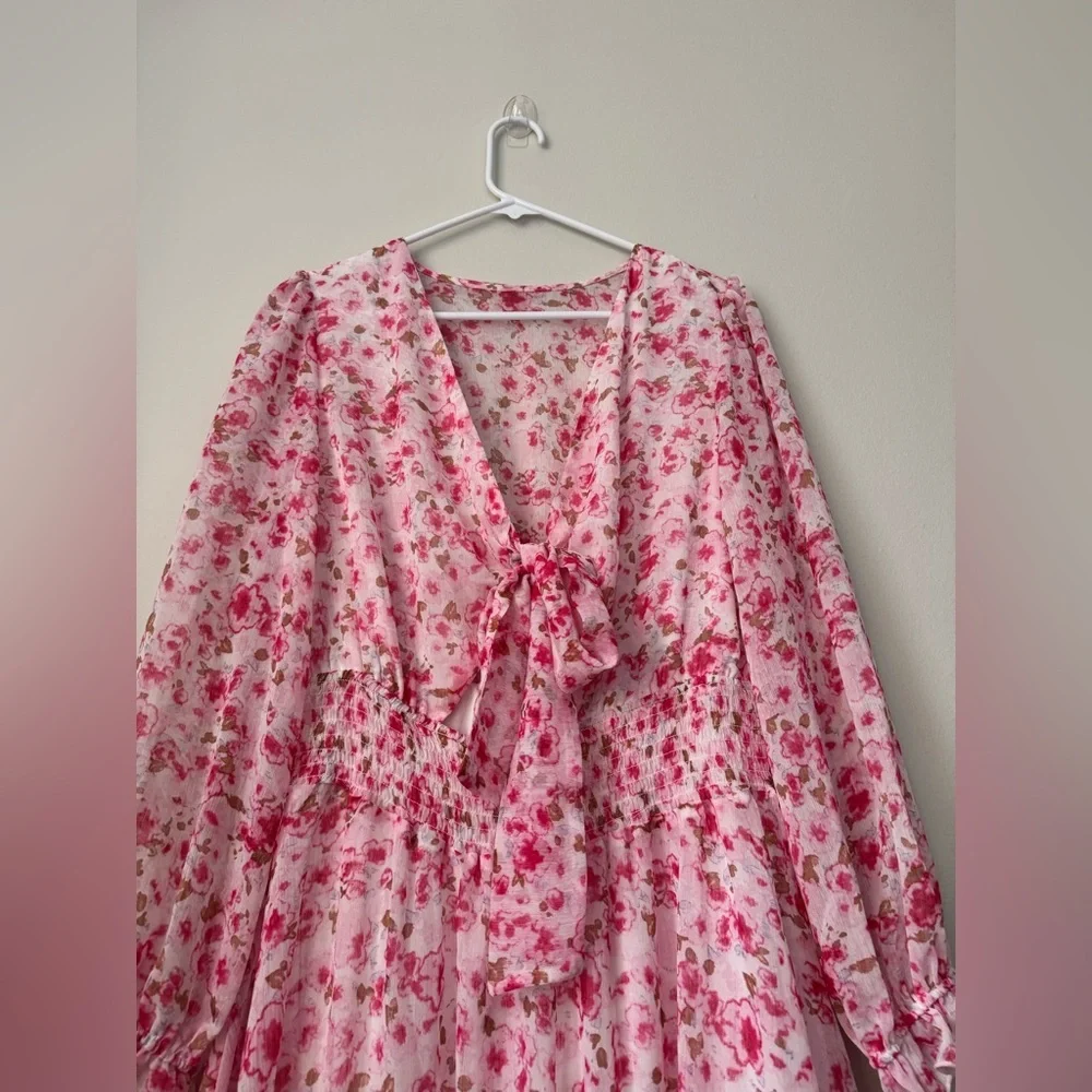 Pink Deep V-Neck Lantern Sleeve Knotted Tired Mini Dress Pink Size L - Picture 7 of 9